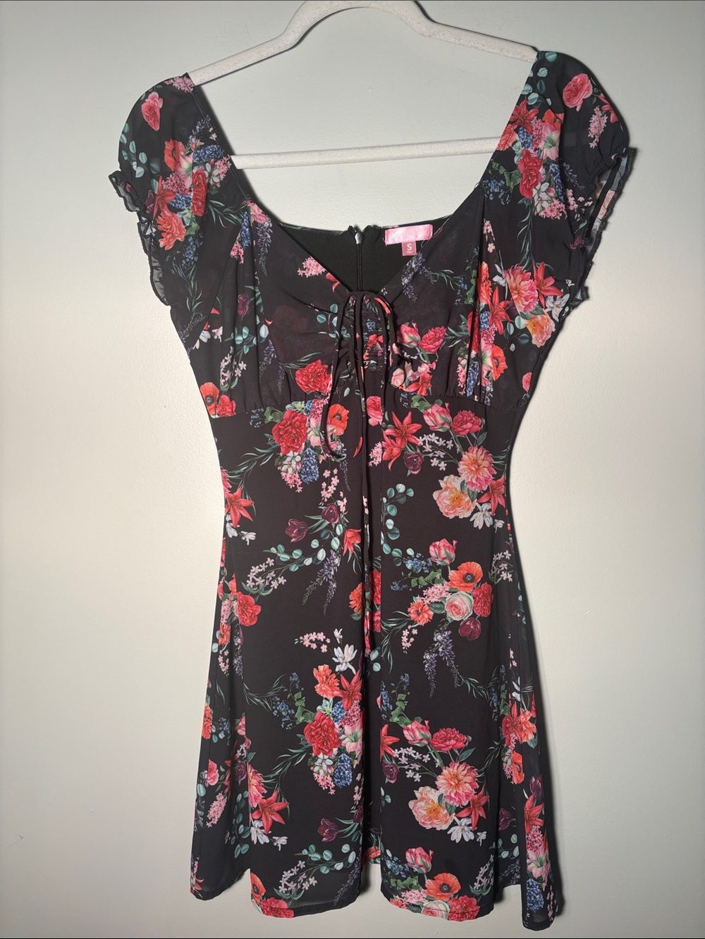 Sugar Thrillz Black Floral Mini Dress with Pink and Red Blooms